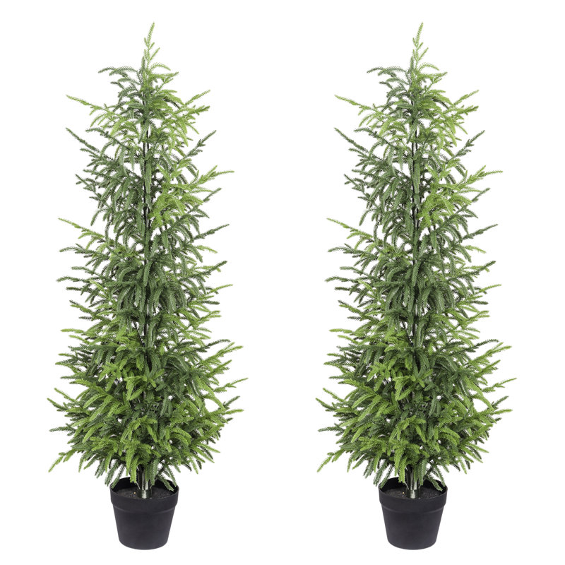 Ensemble de 2 pins de Norfolk artificiels en pot, aspect réaliste, 53 x 53 x 152 cm, plastique, 1 ensemble, pins de Norfolk artificiels, vert, ensemble de deux arbres en pot assortis encadrant une entrée