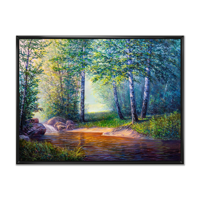 «Summer Scenery Of A Forest River II», art mural traditionnel sur toile, H 8 po x l 12 po x P 1 po, Cadre flottant noir