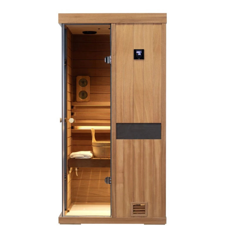 Samsora Indoor Traditional Steam Saunas 2500W for 1-Person, Made by African Wood, Advanced Negative Ion Technology with Mid Infrared Lamp, 95℉-230℉, Bluetooth Speaker, with Sauna Heater and Sauna Stone
