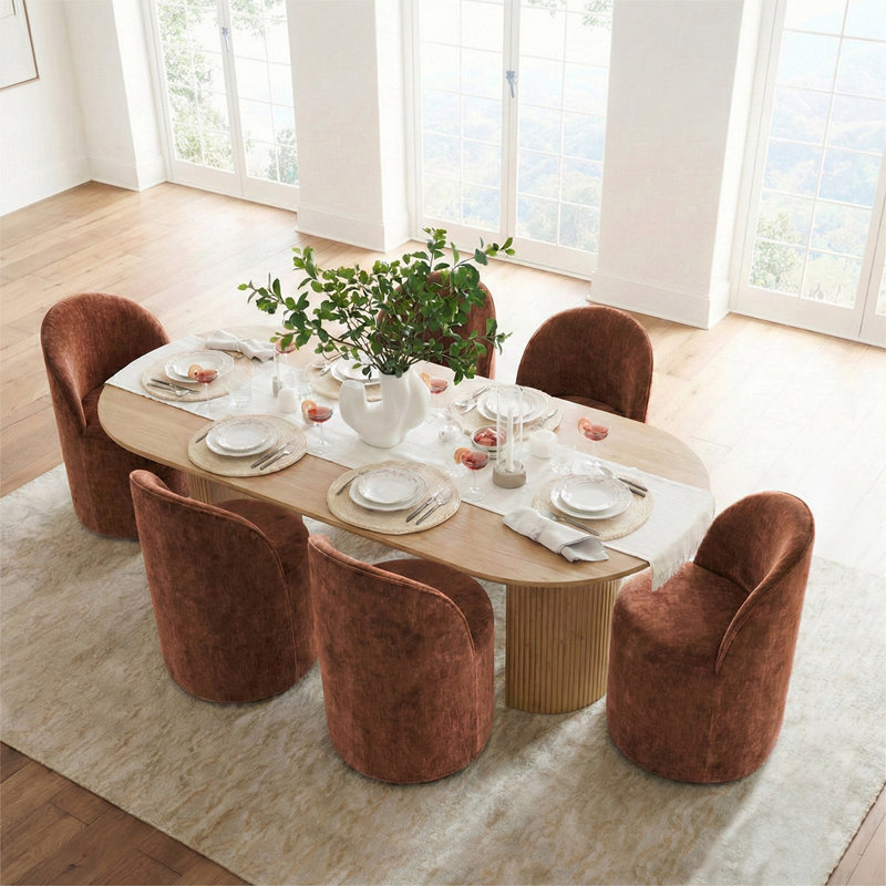  6 - Person Dining Table Sets With Oval Table & 6 Upholstered Chairs, Rust, Oak