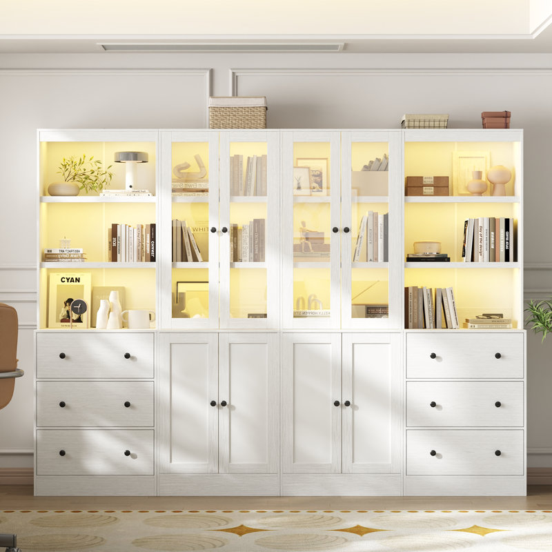 Bibliothèque standard H 71 po x l 94,4 po avec portes en verre trempé et lumières DEL (2a + 2b), White