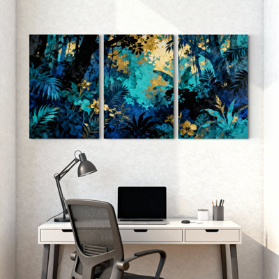 Abstract Tropical Forest With Gold Accents And Blue Leaves Set of 3 Canvas Wall Art Prints