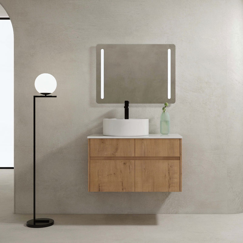 32 Wall-Mounted Bathroom Vanity with Ceramic Art Basin, Imitative Oak + Round Sink