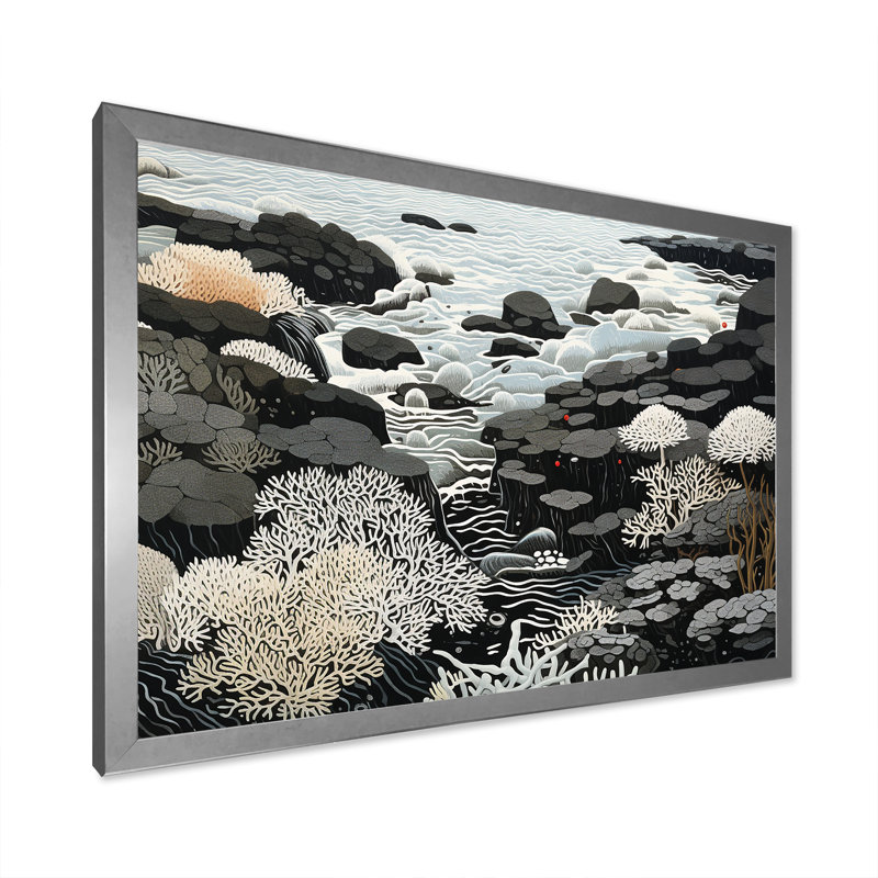 Gris abstrait paysage II - salon d'art mural plage et océan, Cadre de coin argenté fermé, H 12 po x l 20 po x P 1 po