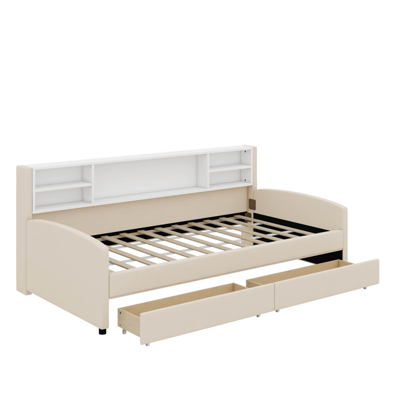 Lit plateforme simple tapissier avec tiroirs, Beige