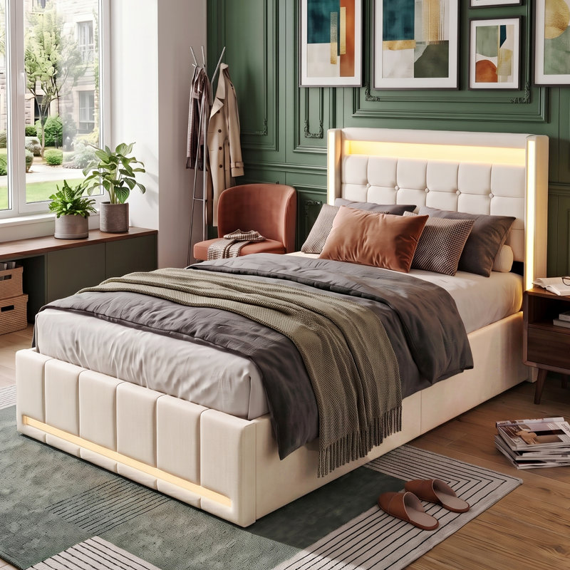Upholstered European Single (90 x 200 cm) Linen Bed, Beige, Gas Lift Hydraulic