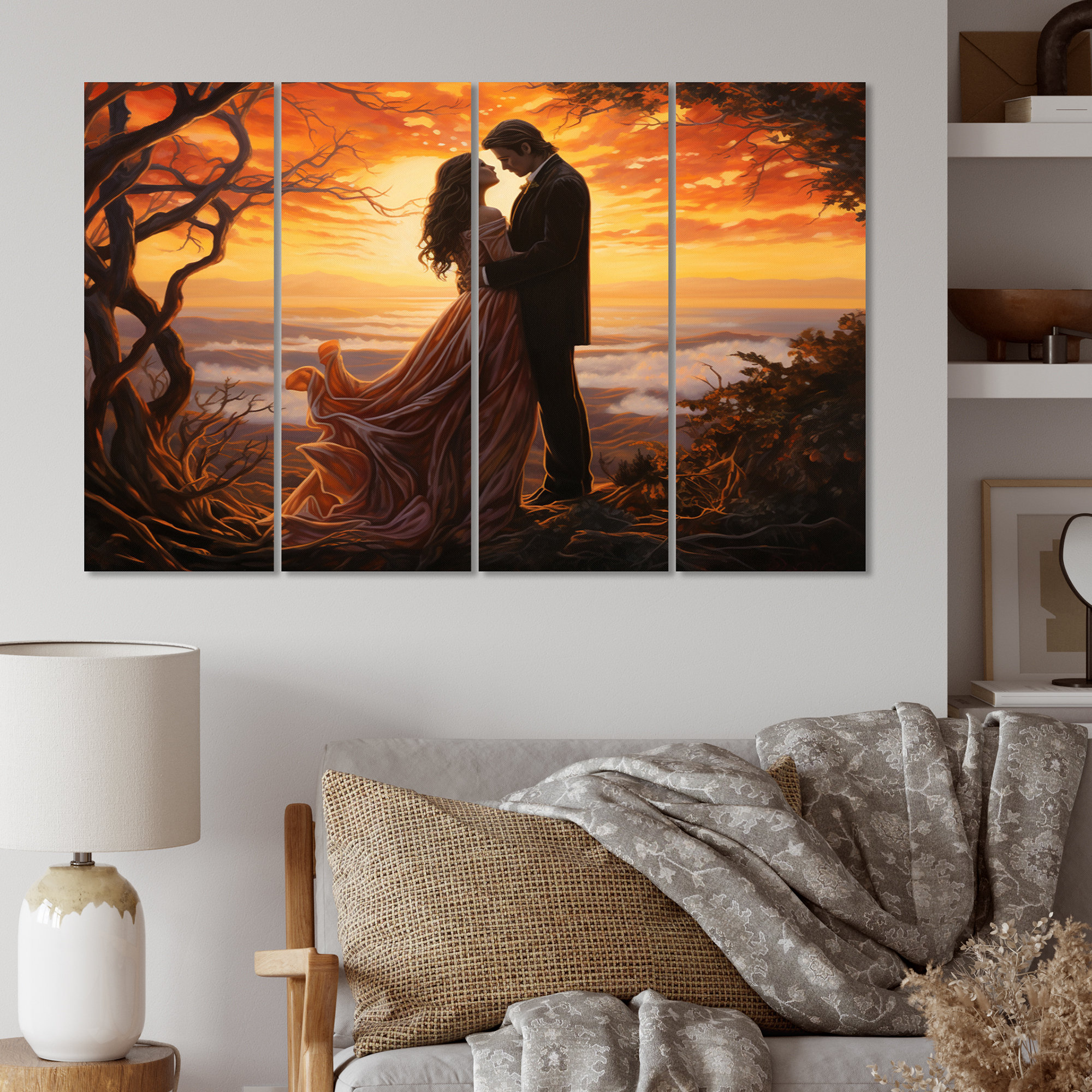 Romantic Couple Landscape Luminous Embrace V On Canvas 4 Pieces Print