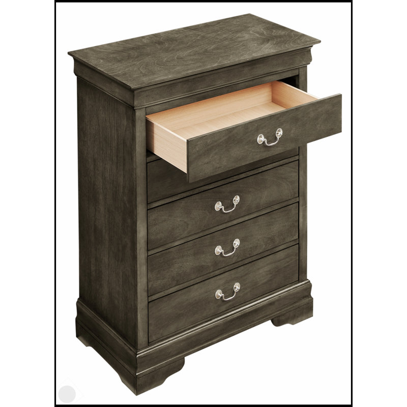 Commode traditionnelle grise Louis Phillipe G3105-CH avec tiroirs durables et sculptures élégantes, parfaite pour les chambres à coucher modernes et classiques.