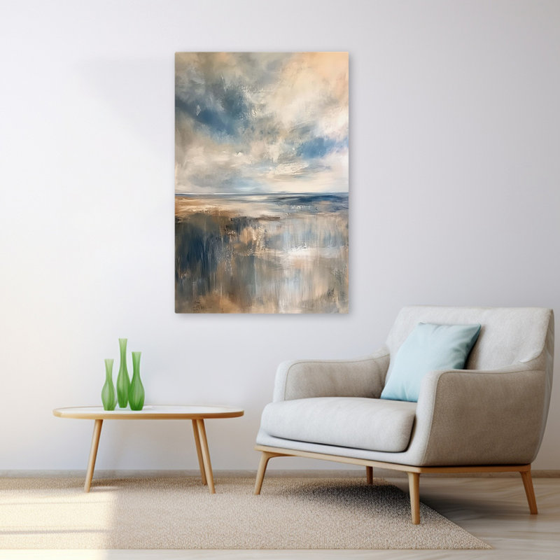 Smokey Sea - paysage abstrait contemporain bleu ciel, plage de sable, H 48 po x l 32 po