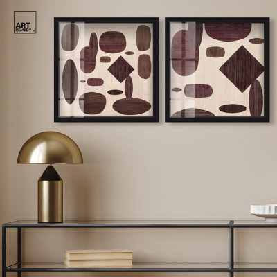 Ensemble d'art mural moderne « Marquetry & Curvilinear Abstract Shadowbox Print » par Art Remedy, cadre noir, 12 x 12