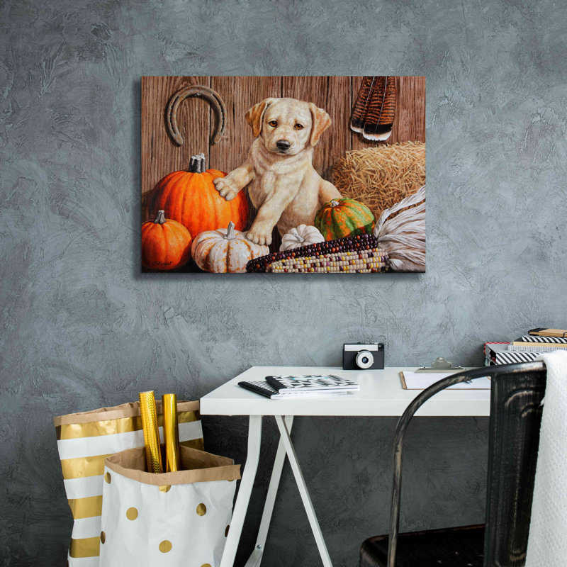 «Pumpkin Harvest Puppy» par Crista Forest, art mural sur toile, H 18 po x l 26 po x P 0,75 po