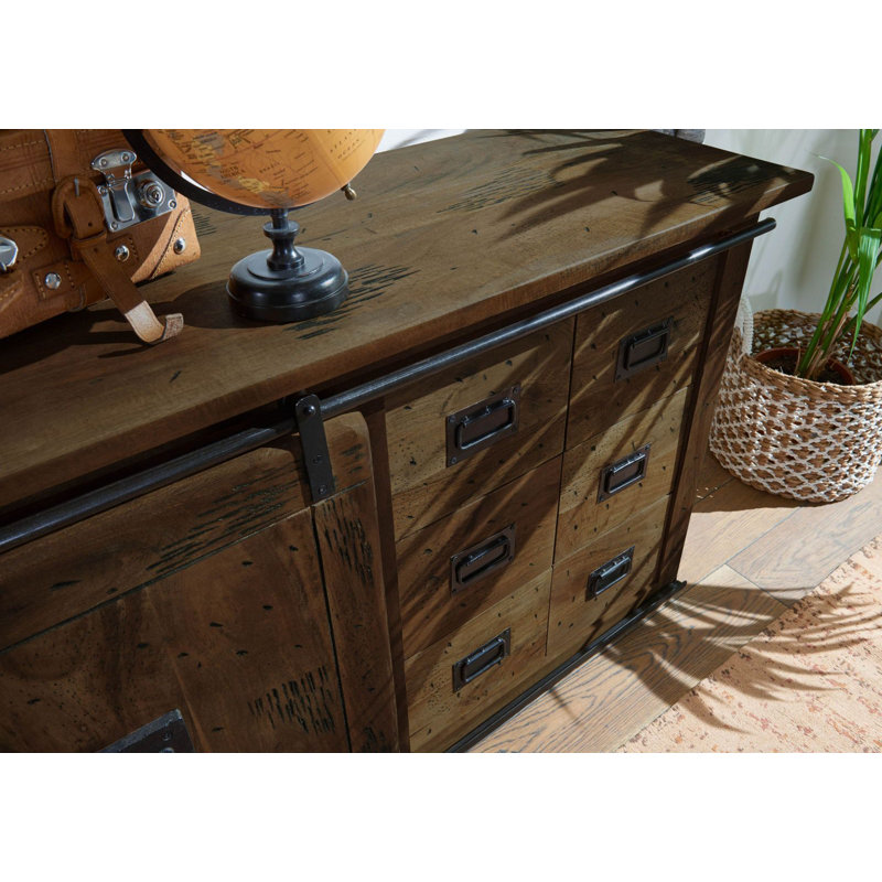 Railway 140cm Solid Wood Sideboard, Brown Lacquered