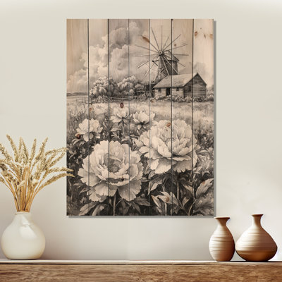 Pivoines monochromes à la grange - décoration murale en bois de pivoines - sur bois de pin naturel
