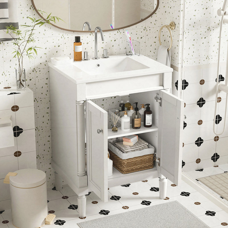 Meuble-lavabo 24 po avec lavabo supérieur, meuble de rangement moderne à 2 niveaux, meuble-lavabo simple, grandes tablettes de rangement