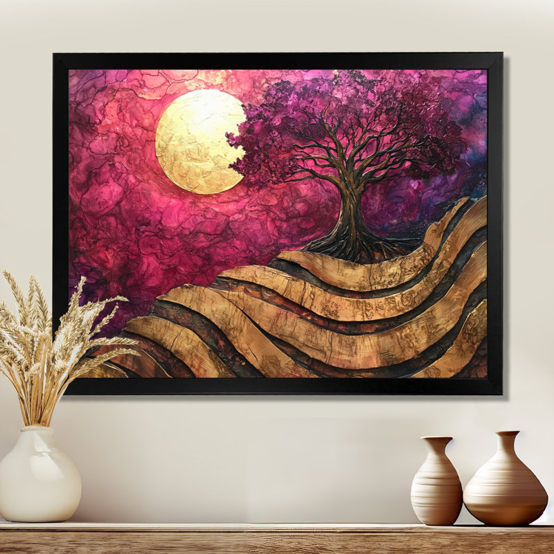 Bourgogne, arbre de vie sur pierre rivière III - Arbre de vie, impressions sur toile, H 12 po x l 20 po, Noir