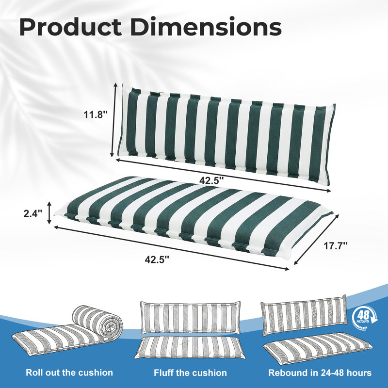  Outdoor Cushion Set with Backrest for Patio Swing and Bench, 42.5" W x 17.7" D, Green 