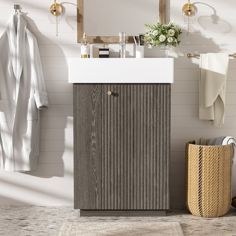 Meuble-lavabo de 21,6 po avec lavabo en céramique, armoire à grain de bois moderne à porte droite avec rangement ouvert et fermé