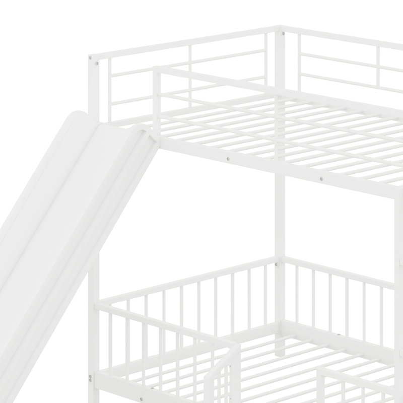 Sturdy Metal Bunk Bed Frame With Built-In Slide, Ladder, Fence And Door, White