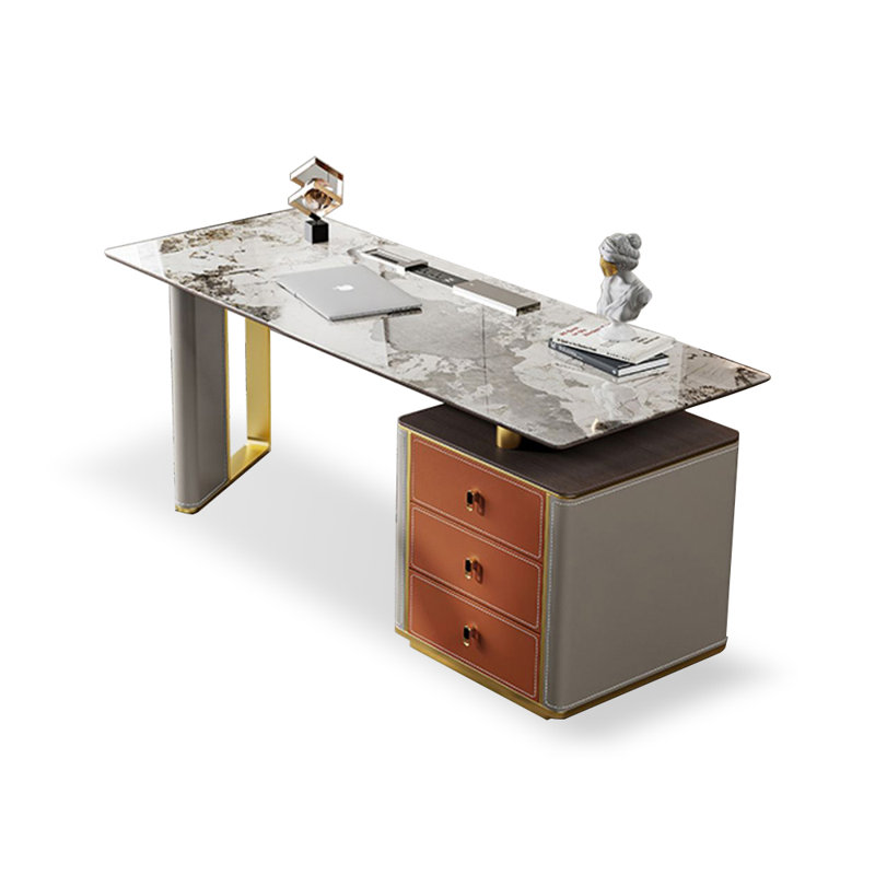 Bureau à 3 tiroirs gris + doré + orange fritté rectangulaire + bois manufacturé, H 29,53 po x l 55,12 po x P 27,56 po 
