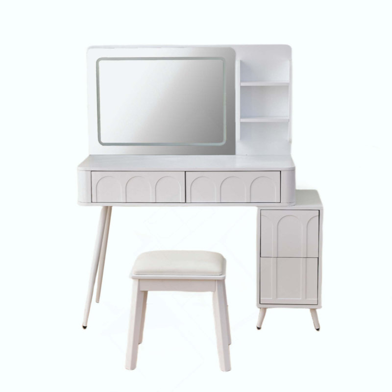 Meuble-lavabo moderne avec lumières DEL et miroir, ensemble de coiffeuse 4 tiroirs avec tabouret, luminosité à intensité variable de 3 couleurs, peu encombrant pour la chambre à coucher