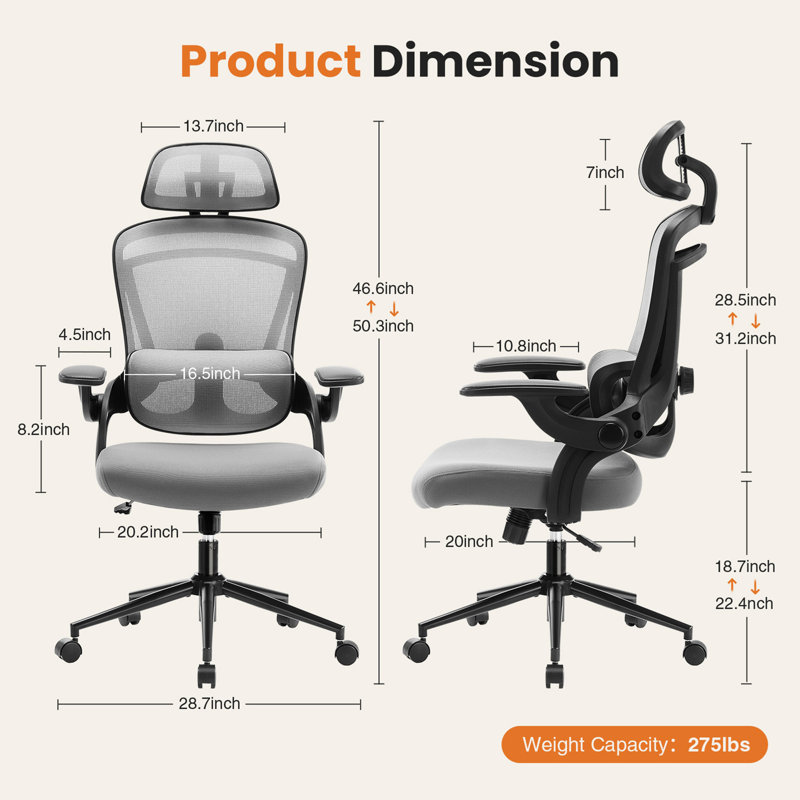 High Back Desk Chair With Adjustable Lumbar Support & Headrest,Comfortable Mesh Computer Chair With Soft Flip Up Arms, Adjustable Height And 120Â°Tilt