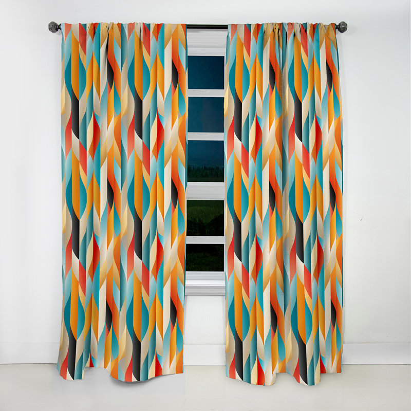 Rideau occultant orange et turquoise rétro Revival, L 52 po x L 84 po