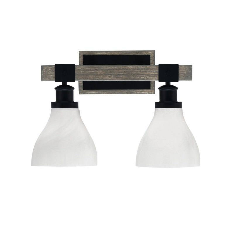 Barre d'éclairage de salle de bain 2 lumières Bitner présentée en noir mat et finition en métal d'aspect bois patiné peint