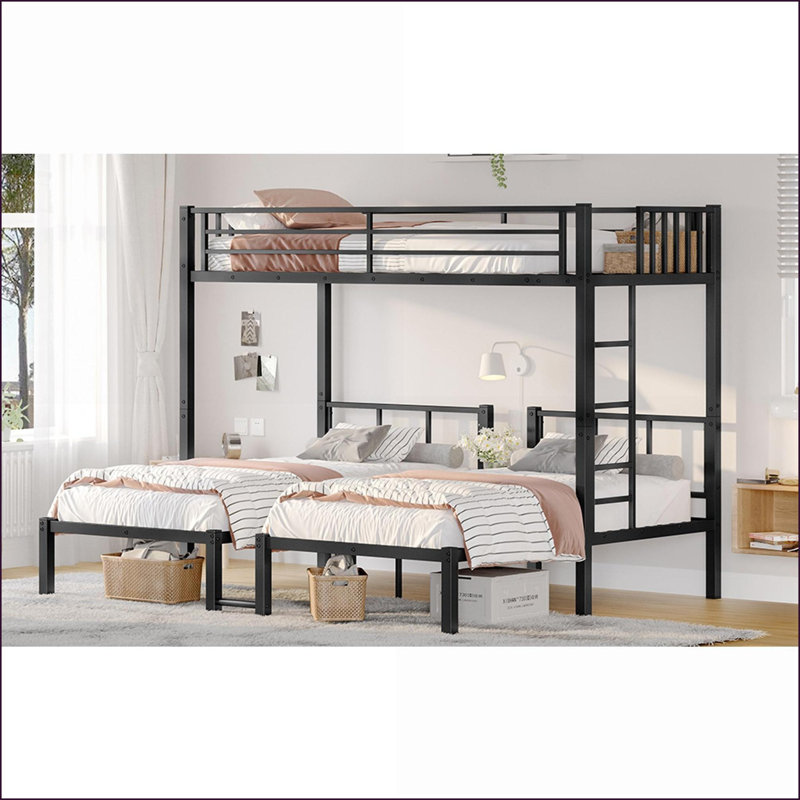 Twin/Twin/Twin Metal Triple Bunk Bed, Detachable Space-Saving Frame with Shelf &amp; Table, Black, Black
