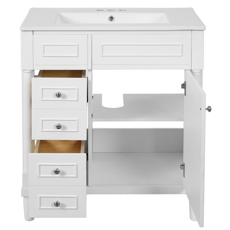 Meuble-lavabo de 30 pouces avec lavabo, 2 tiroirs et porte - Conception fonctionnelle, construction en bois massif, rails de tiroir lisses, lavabo, meuble de rangement autoportant de style traditionnel 30 po,