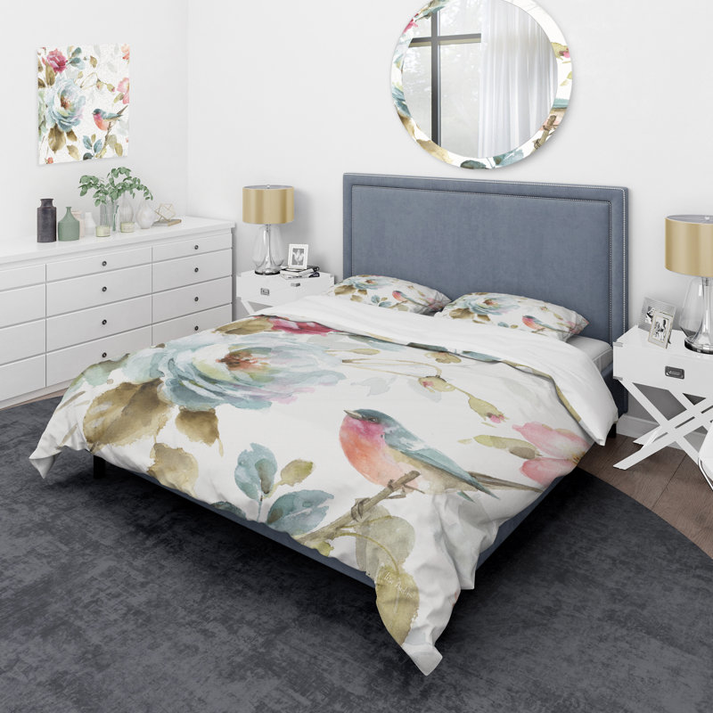 Floral Duvet Cover Set - Beautiful Bird Romance I, King Duvet Cover + 2 Shams