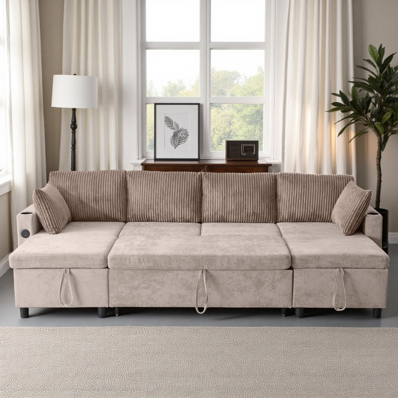 Fialynn 112" U-Shaped Sectional Sofa Pull-Out Sofa Bed, Brown