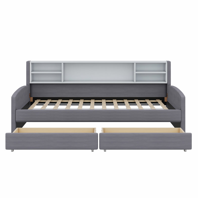 Lit plateforme tapissier avec rangement et tiroirs, Gris
