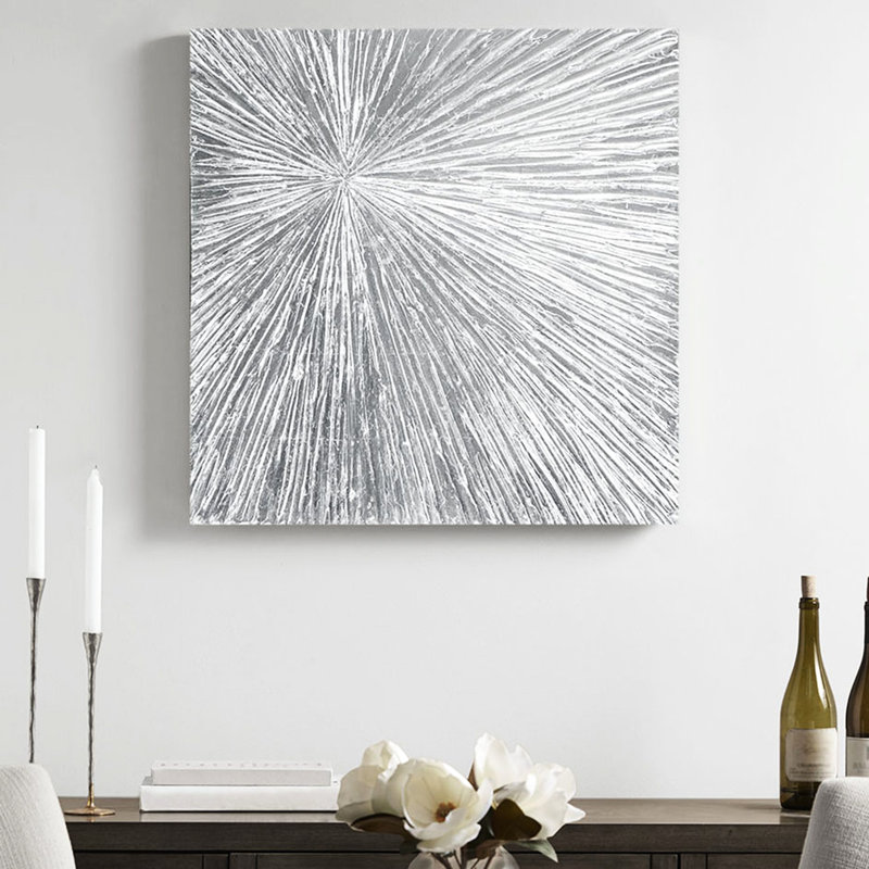 Tenture murale dimensionnelle en résine peinte à la main - l 30 po x H 30 po, abstrait argenté, avec support intérieur moderne, 30 x 30 po