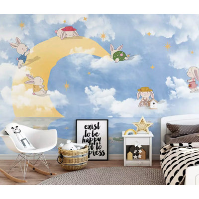 Little Rabbit Cartoon Moon Kids Removable Wallpaper