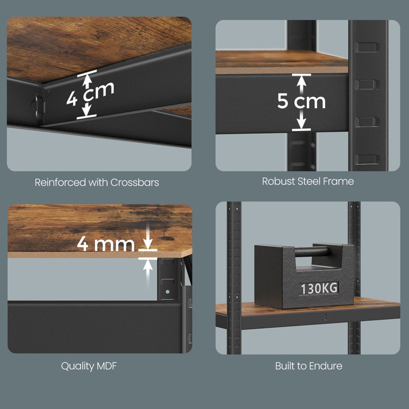 Kris Metal Height -Adjustable Shelving Unit, Black/Rustic Brown, 200cm H x 120cm W x 60cm D