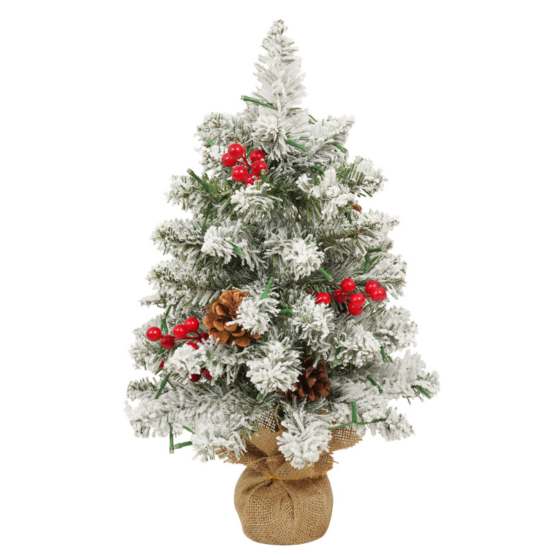 Arbre de Noël artificiel blanc 22 pouces avec branches de pomme de pin rouge et guirlandes de lumières DEL