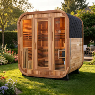4-6 Person Outdoor Square Sauna Room, Pre-Built Red Cedar Wood Sauna Cabin With 9Kw Heater For Backyard Home Spa