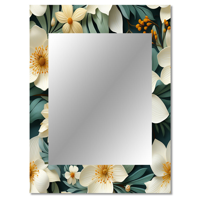 Pinson blanc vert élégant motif botanique - miroir mural décoratif floral, miroir de chalet, impression sur métal