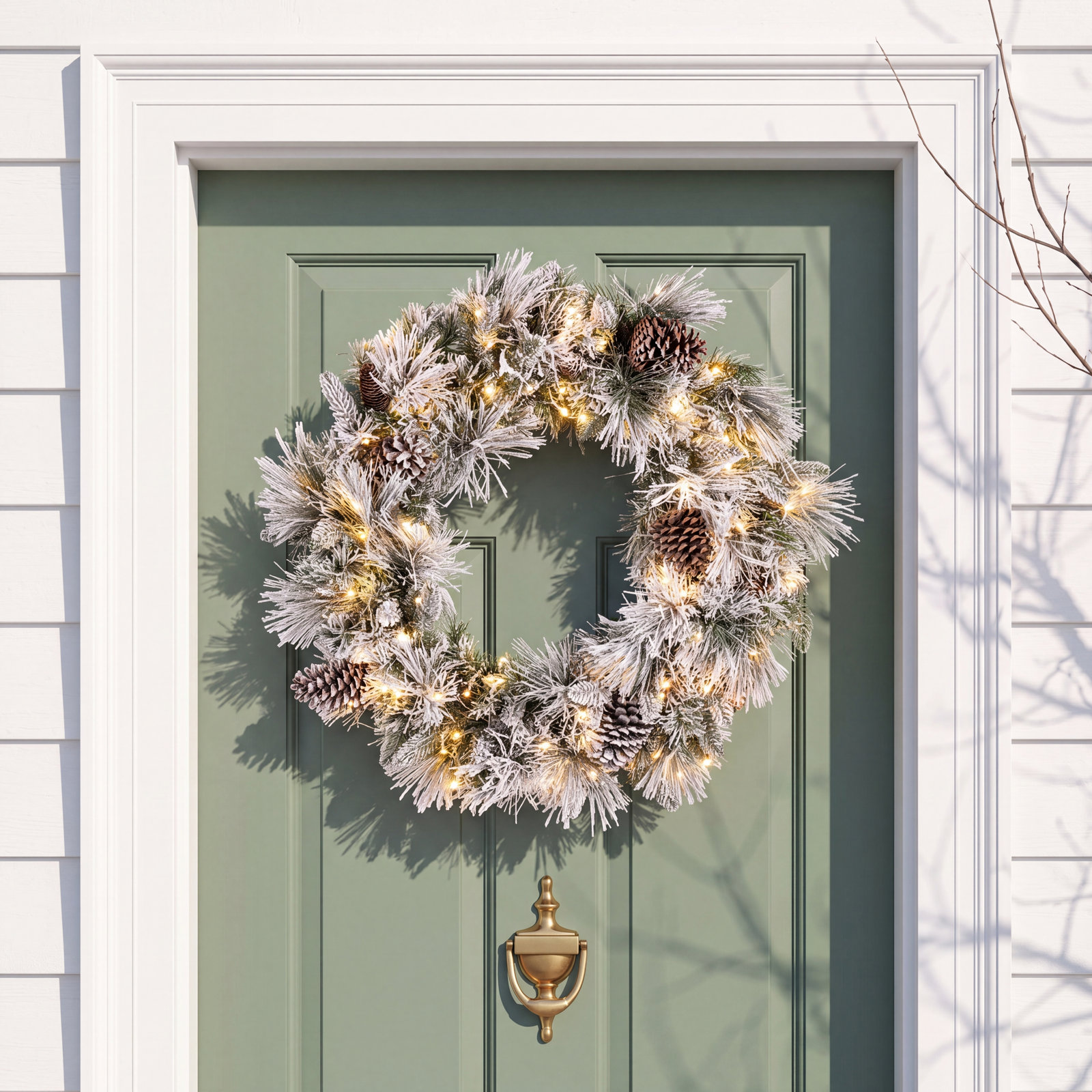 Flocked Pre-lit Mixed Tips Wreath with Glitter