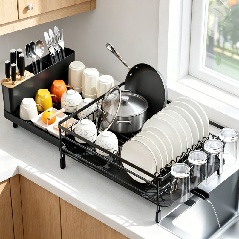 Large Dish Drying Rack Expandable, Multifunctional Dish Drainer, Black
