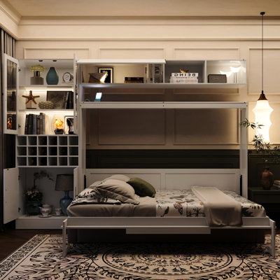 Lit double en blanc avec tablettes inclus - idéal pour les petits appartements, les chambres confortables et peu encombrantes
