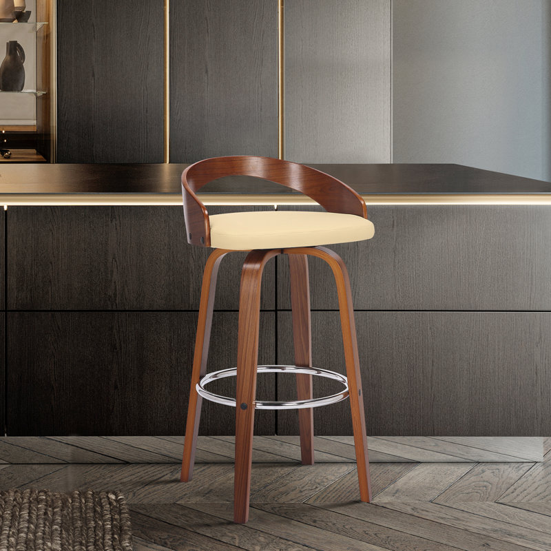 Tabouret de bar pivotant à hauteur de comptoir ou de bar avec dossier bas ouvert en similicuir et bois, Crème, Noyer