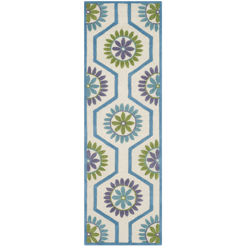 Tapis ivoire / bleu en laine touffeté à la main Ilion, Tapis de couloir 2 pi 6 po x 8 pi