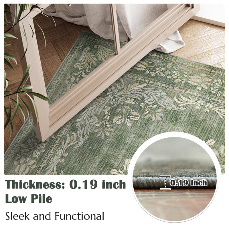Vintage Floral Distressed Design Non-Slip Low-Pile Soft Thin Faux Wool Area Rug, Runner 2' x 10'