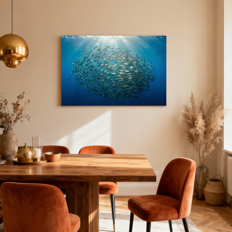 Ensemble de 1 tableau sur toile tendue représentant un banc de poissons sous-marins à la lumière du soleil, H 12 po x l 18 po