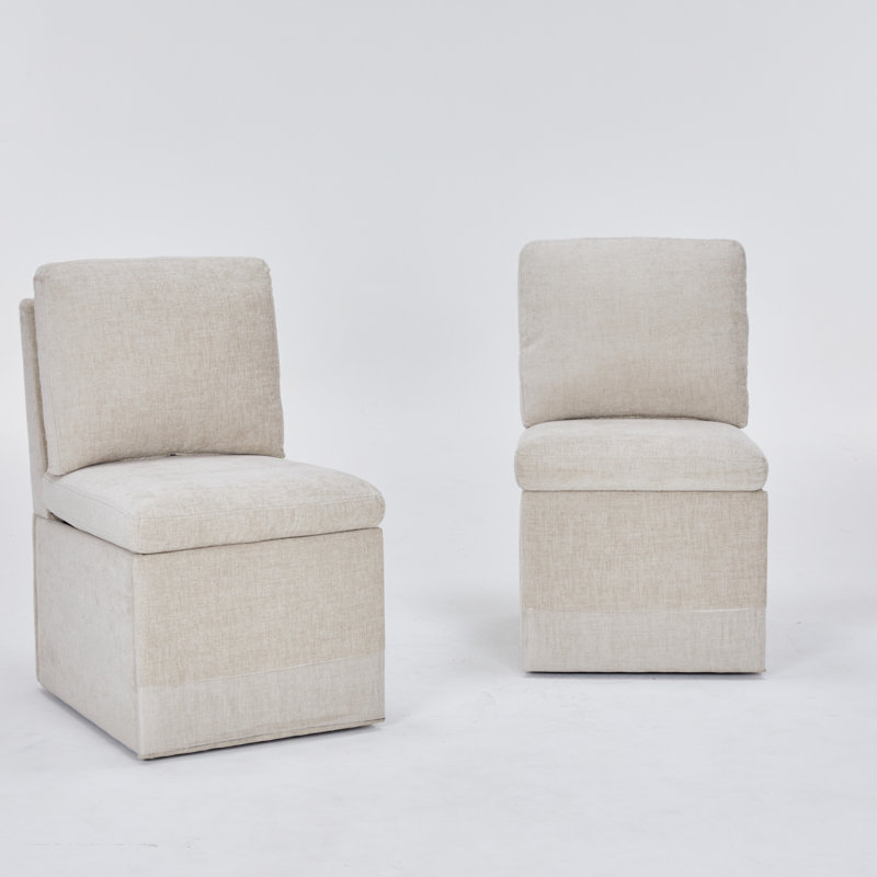 Chaise de salle à manger rembourrée en lin avec roulettes et espace de rangement - ensemble de 2, Beige