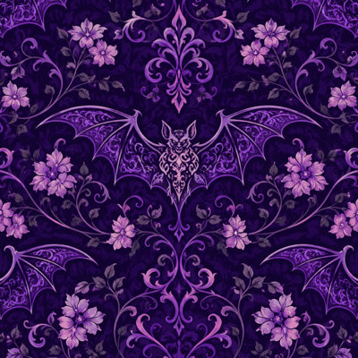 Peel and Stick Wallpaper Purple Gothic Ornate Bats Floral Motifs Contact Paper Removable Self Adhesive Wall Mural Wall Decor for Bedroom Kitchen Cabinets 17.7in x 118in