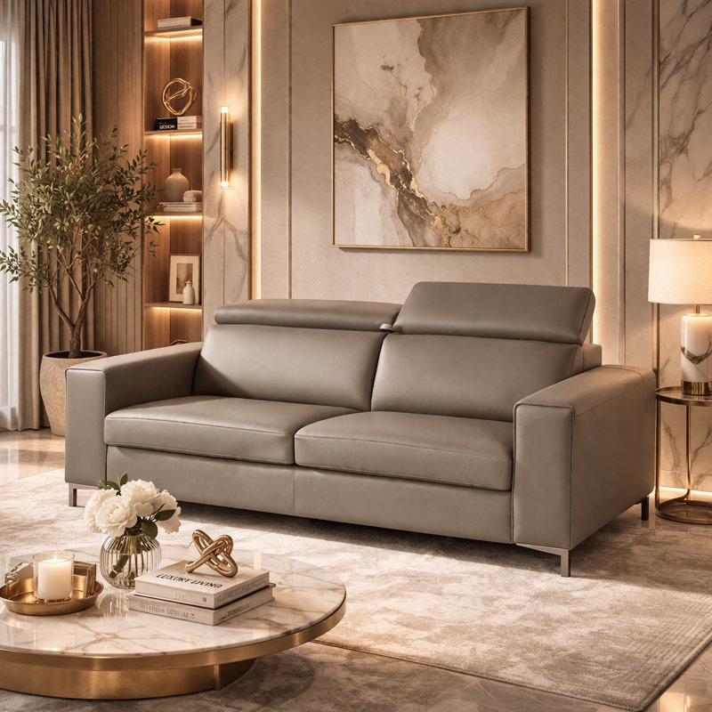 Valerio 87" Leather Queen Sleeper Sofa Bed With Memory Foam Mattress, Leather Sleeper Sofa Bed With Memory Foam Mattress For Living Room With Adjustable Headrest