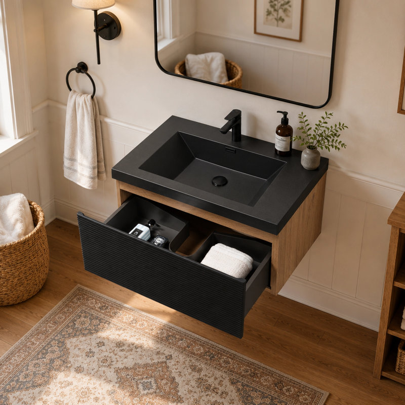  Meuble-lavabo mural simple 30 po avec comptoir en résine noire pour petits espaces., 30"