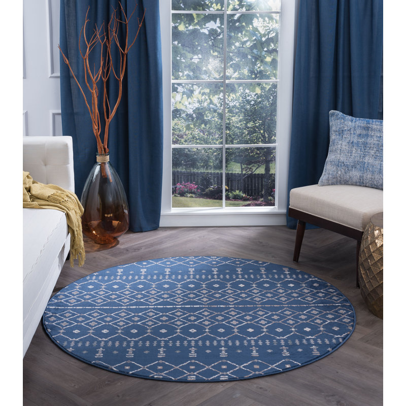 Tapis bleu foncé Modern Farmhouse, Rond 7 pi 10 po